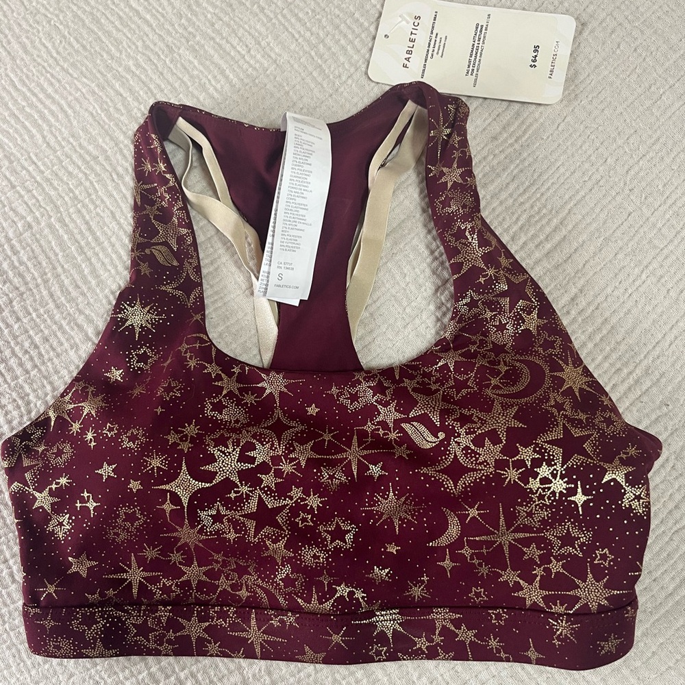Fabletics Burgundy and Gold Star Sports Bra
